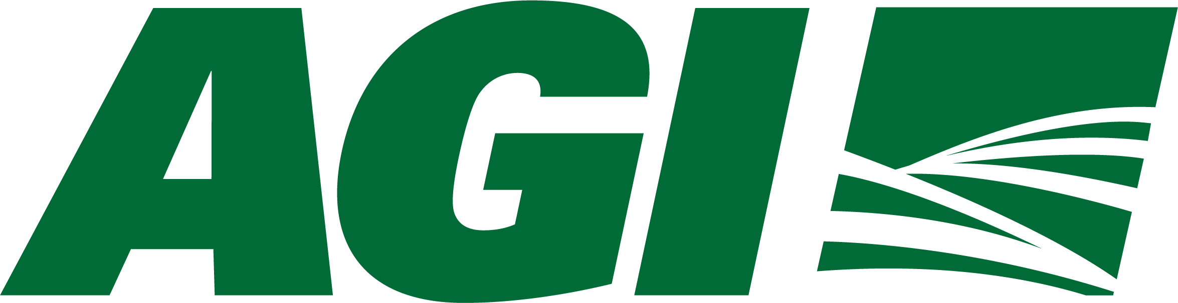 AGI company logo in forest green and white with stylized lines