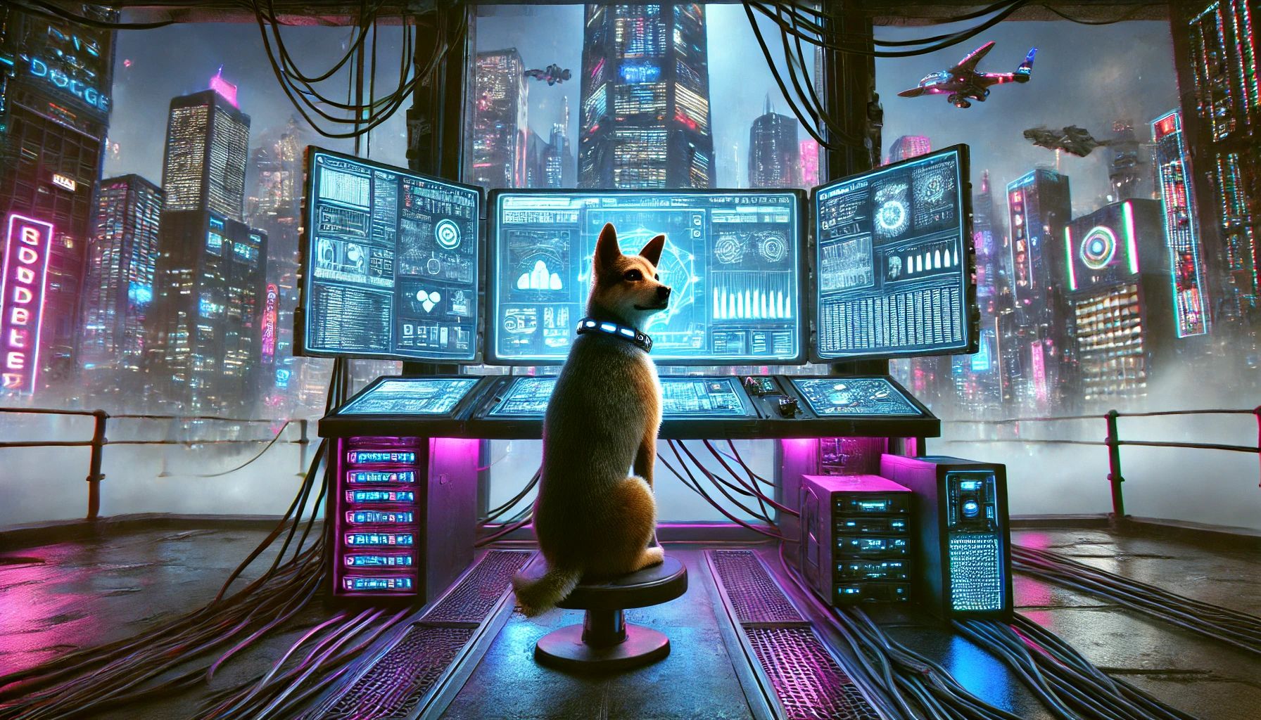 Dall&centerdot;e 2024 10 04 10 15 26 A Cyberpunk Scene Featuring A Dog Working At A Large, Futuristic Computer Terminal The Dog, A Medium Sized Breed With A Sleek, High Tech Collar, Sits
