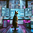 Dall·e 2024 10 04 10 15 26 A Cyberpunk Scene Featuring A Dog Working At A Large, Futuristic Computer Terminal The Dog, A Medium Sized Breed With A Sleek, High Tech Collar, Sits