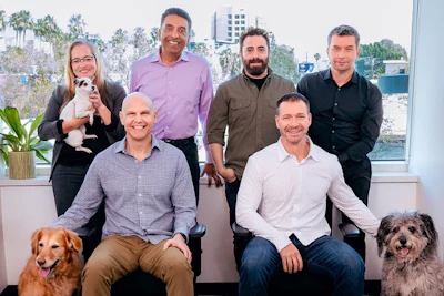 Golden Pet Brands Executive Team: Back row (from left): Hayley Hicks, VP of Technology; Apu Mody, CEO; Alex Block, CMO; Andrew Klucznik, VP of Operations. Front row (from left): Dan Markenson, VP of Retail; John Meloun, CFO. (Not pictured: Lucas Koele, VP of Manufacturing)