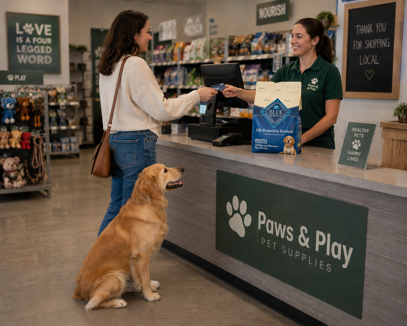Woman Buying Pet Food With Golden Retriever Chat Gpt