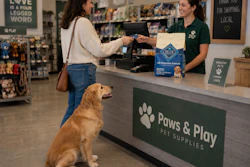 Woman Buying Pet Food With Golden Retriever Chat Gpt