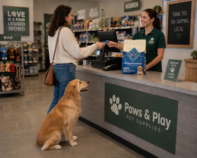 Woman Buying Pet Food With Golden Retriever Chat Gpt