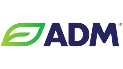 ADM logo featuring green leaf symbol and navy blue text