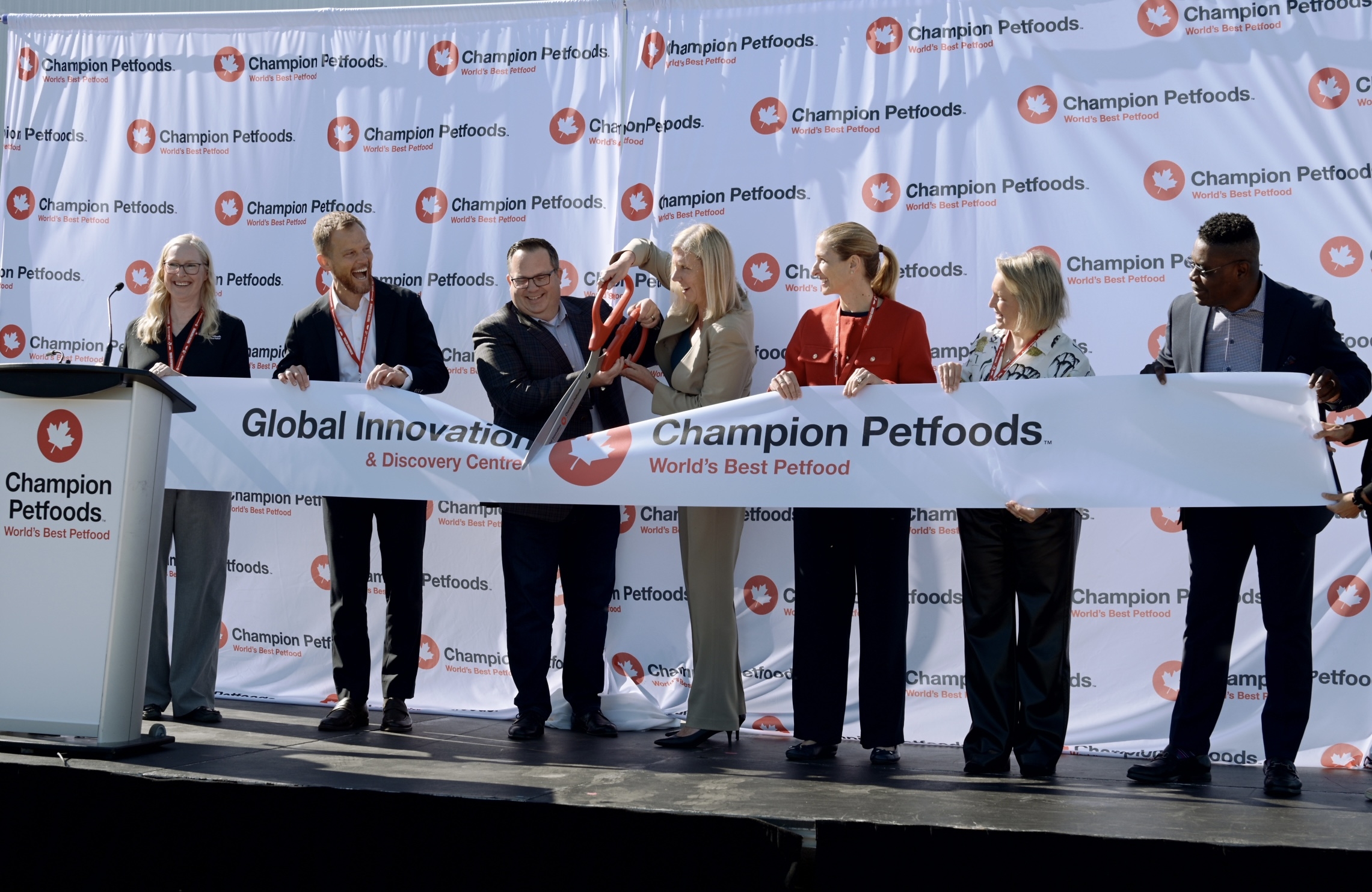 Champion Petfoods inaugurated its Global Innovation & Discovery Centre in Acheson, Alberta. From left: Christine Pendlebury, global director, technical innovation and development; George Haritatos, chief supply chain officer; Jeff Johnston, senior vice president, research, innovation and product development; Stacey Osborn, president of Champion Petfoods; Elisabetta Pierangelo, vice president, R&D global, Mars Pet Nutrition; Emily Dowling, chief marketing officer; and Vincent Ezoua, plant director.