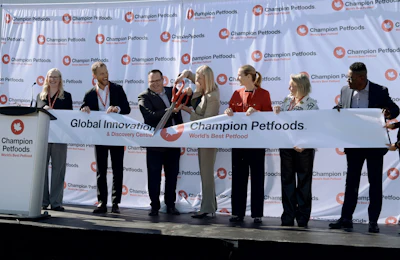 Champion Petfoods inaugurated its Global Innovation & Discovery Centre in Acheson, Alberta. From left: Christine Pendlebury, global director, technical innovation and development; George Haritatos, chief supply chain officer; Jeff Johnston, senior vice president, research, innovation and product development; Stacey Osborn, president of Champion Petfoods; Elisabetta Pierangelo, vice president, R&D global, Mars Pet Nutrition; Emily Dowling, chief marketing officer; and Vincent Ezoua, plant director.