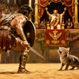 Dramatic 1930s Cinema Frame Of A Gladiator In An Arena He Faces Off Against A Cute Little Kitten, As If It Were A Lion