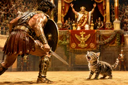 Dramatic 1930s Cinema Frame Of A Gladiator In An Arena He Faces Off Against A Cute Little Kitten, As If It Were A Lion