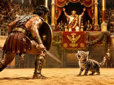 Dramatic 1930s Cinema Frame Of A Gladiator In An Arena He Faces Off Against A Cute Little Kitten, As If It Were A Lion