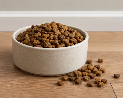 Dry Kibble In White Bowl Chat Gpt