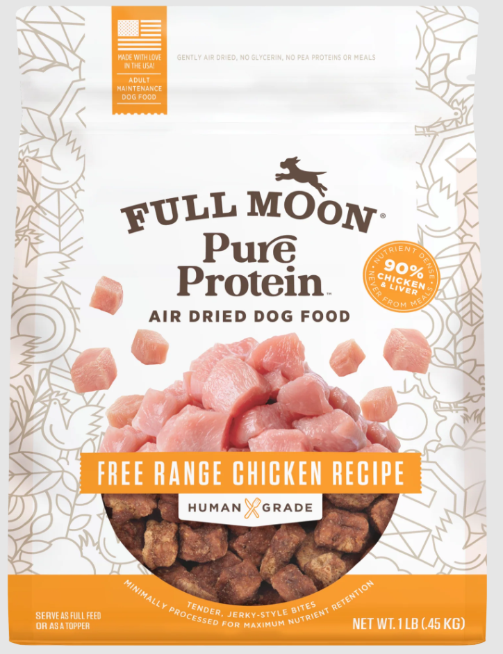Full Moon's air-dried dog food made with 90% muscle and organ meat (chicken, beef or turkey) from Perdue family farms.