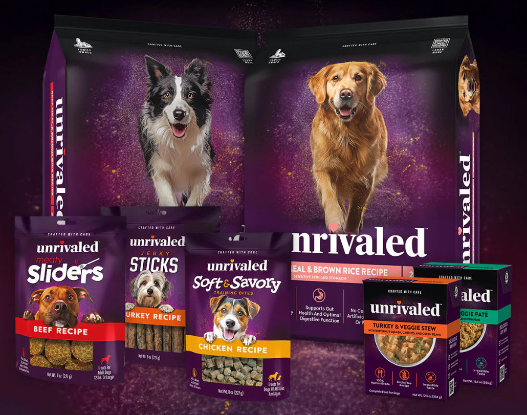 Unrivaled's product line includes eight dry foods, four human-grade wet food recipes packaged in recyclable Tetra Pak cartons, and eight treat varieties.