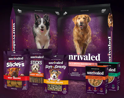 Unrivaled's product line includes eight dry foods, four human-grade wet food recipes packaged in recyclable Tetra Pak cartons, and eight treat varieties.