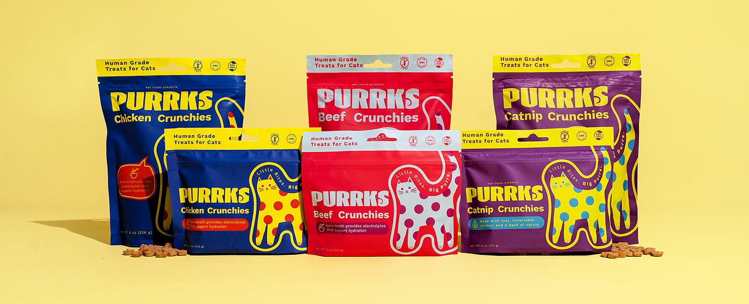 Purrks is available in Chicken Crunchies, Beef Crunchies and Catnip Crunchies.
