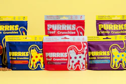 Purrks is available in Chicken Crunchies, Beef Crunchies and Catnip Crunchies.