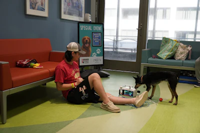 St. Louis Children's Hospital patient William Petla with his dog Bristol in Purina Family Pet Center.