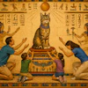An Ancient Egyptian Fresco Of A Regal Cat Being Adored By A Modern Us Family