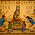 An Ancient Egyptian Fresco Of A Regal Cat Being Adored By A Modern Us Family