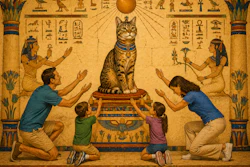 An Ancient Egyptian Fresco Of A Regal Cat Being Adored By A Modern Us Family