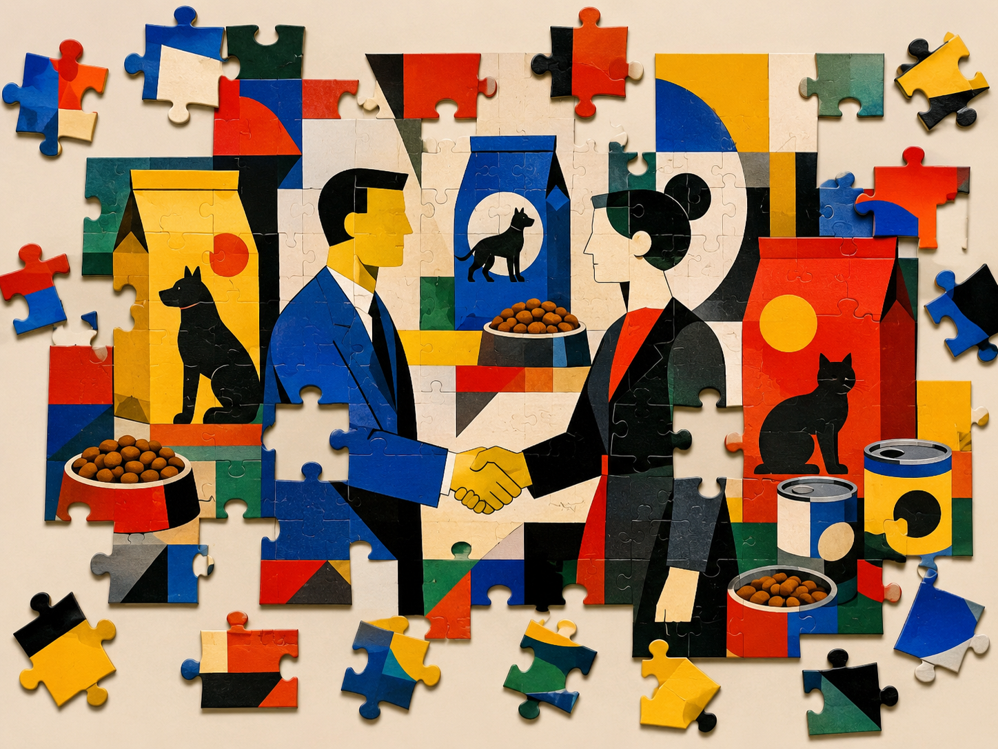 An Unfinished Jigsaw Puzzle The Puzzle Depicts Businesspeople Shaking Hands With A Background Of Pet Food Bags, Cans And Kibble