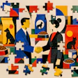 An Unfinished Jigsaw Puzzle The Puzzle Depicts Businesspeople Shaking Hands With A Background Of Pet Food Bags, Cans And Kibble