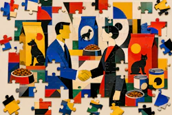An Unfinished Jigsaw Puzzle The Puzzle Depicts Businesspeople Shaking Hands With A Background Of Pet Food Bags, Cans And Kibble