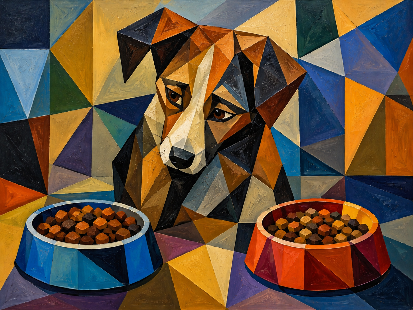 Cubist Oil Painting Of A Dog Trying To Decide Between Two Bowls Of Kibble