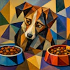 Cubist Oil Painting Of A Dog Trying To Decide Between Two Bowls Of Kibble