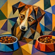 Cubist Oil Painting Of A Dog Trying To Decide Between Two Bowls Of Kibble