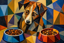 Cubist Oil Painting Of A Dog Trying To Decide Between Two Bowls Of Kibble