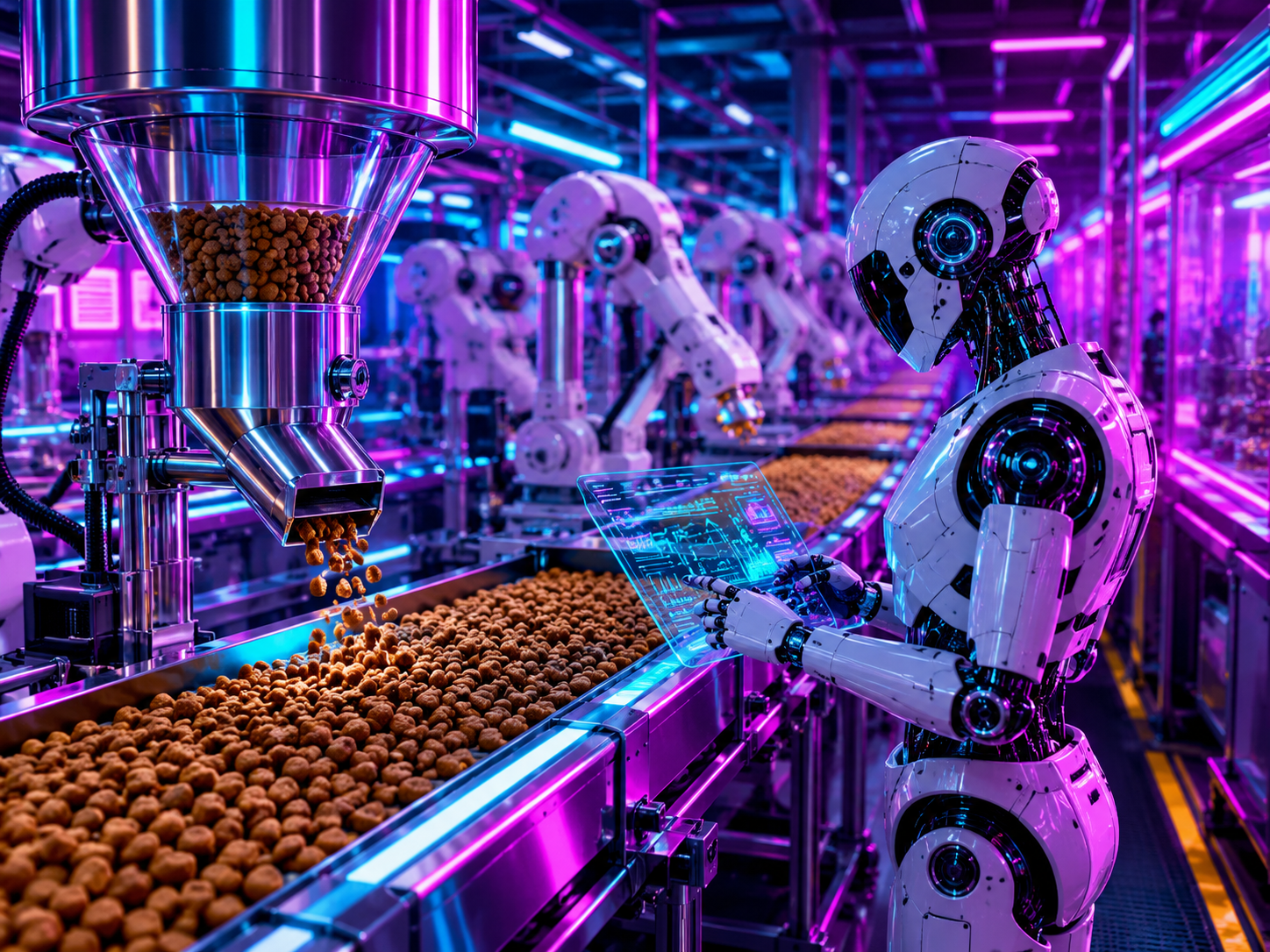 Cyber Punk Synthwave Image Of A Robotic Worker In A Fully Automated Kibble Production Facility Of The Future