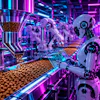 Cyber Punk Synthwave Image Of A Robotic Worker In A Fully Automated Kibble Production Facility Of The Future