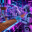 Cyber Punk Synthwave Image Of A Robotic Worker In A Fully Automated Kibble Production Facility Of The Future