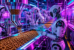 Cyber Punk Synthwave Image Of A Robotic Worker In A Fully Automated Kibble Production Facility Of The Future