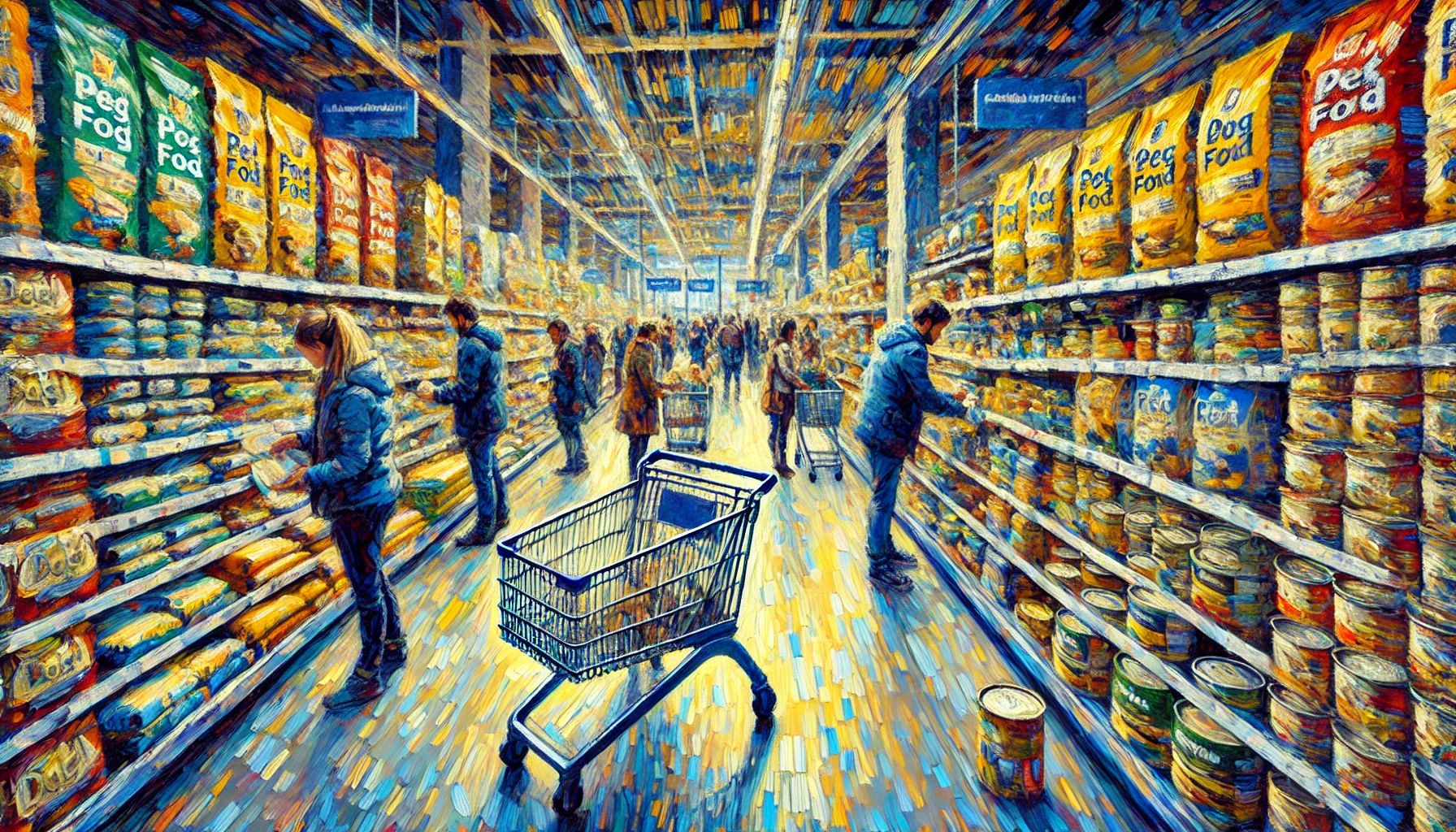 Dall&centerdot;e 2024 07 31 14 17 42 An Impressionist Painting Of A Modern French Supermarket's Pet Food Aisle, Featuring Busy Customers Selecting Bags And Cans Of Dog Food And Placing Th