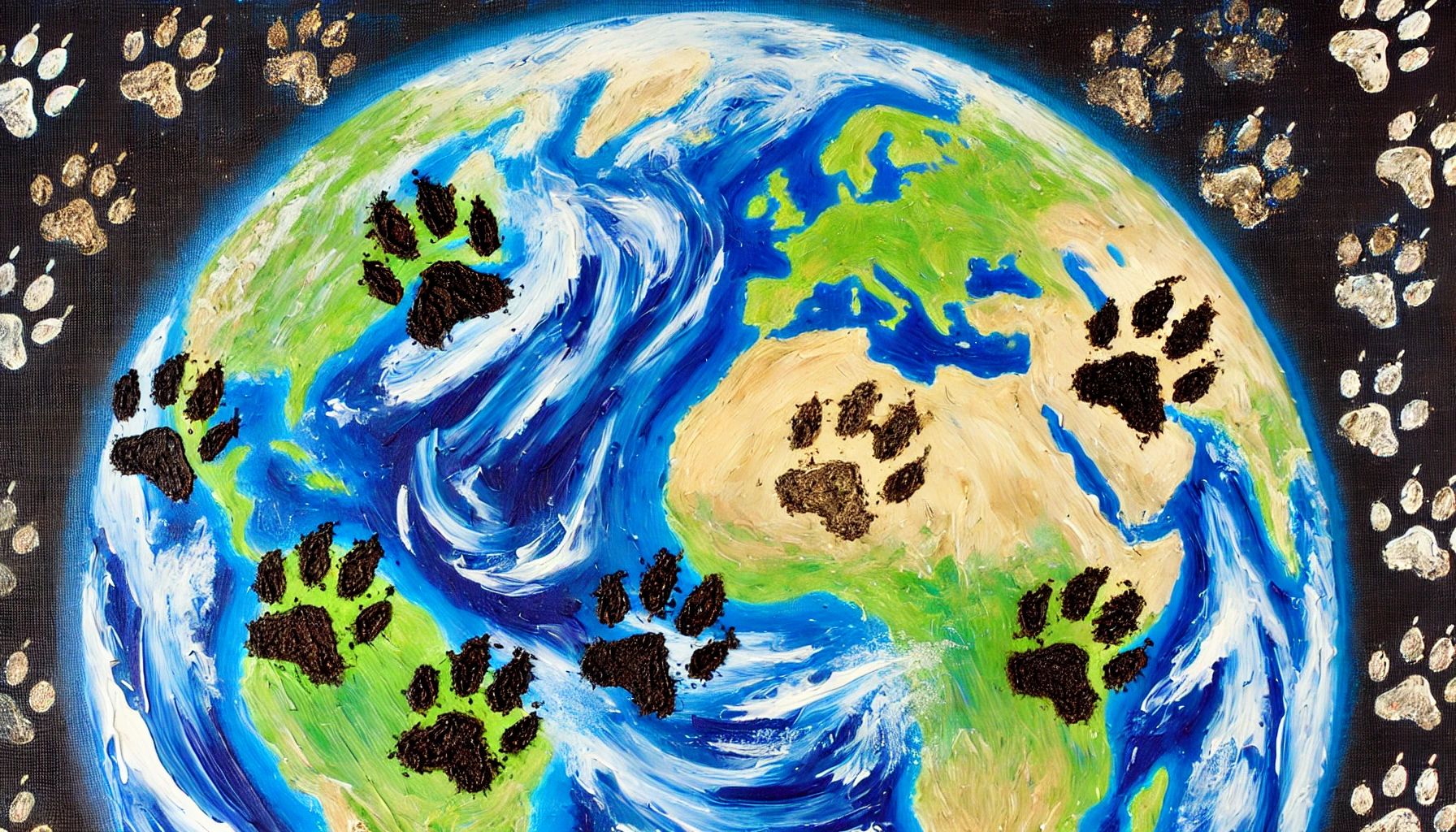 Dall&centerdot;e 2024 09 10 09 25 03 An Oil Painting Of The Earth, Viewed From Space Like The Famous 'blue Marble' Image, But Covered With Dirty Dog And Cat Footprints The Planet's Blue