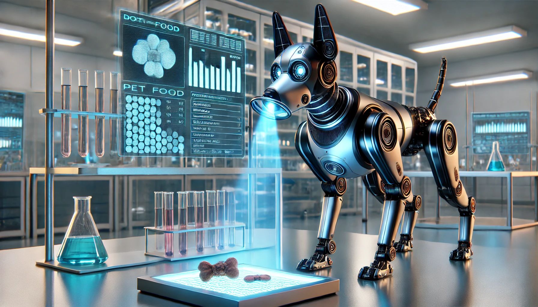 Dall&centerdot;e 2025 01 07 12 00 13 A Futuristic Robotic Dog Equipped With Advanced Sensors, Sniffing At A Sample Of Pet Food In A High Tech Laboratory The Robotic Dog Has Sleek Metalli
