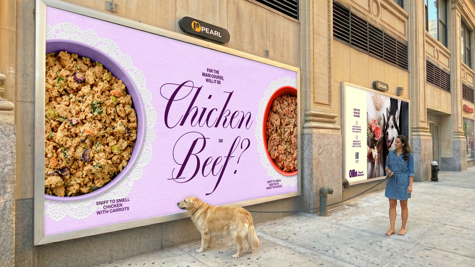 As part of the campaign, Ollie is introducing a 'Chicken or Beef' billboard scented with its proteins, along with mobile billboards positioned outside wedding-related locations in New York City.
