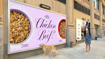 As part of the campaign, Ollie is introducing a 'Chicken or Beef' billboard scented with its proteins, along with mobile billboards positioned outside wedding-related locations in New York City.