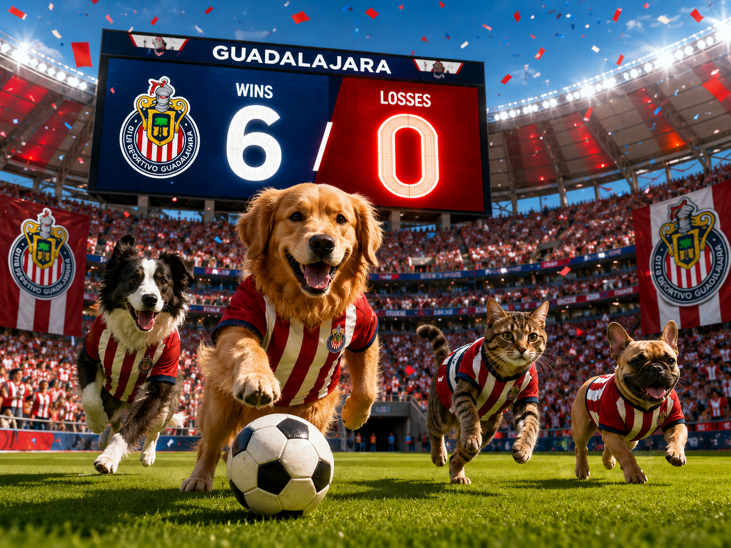 Pets Playing Soccer In The Stadium Of Guadalajara, Mexico
