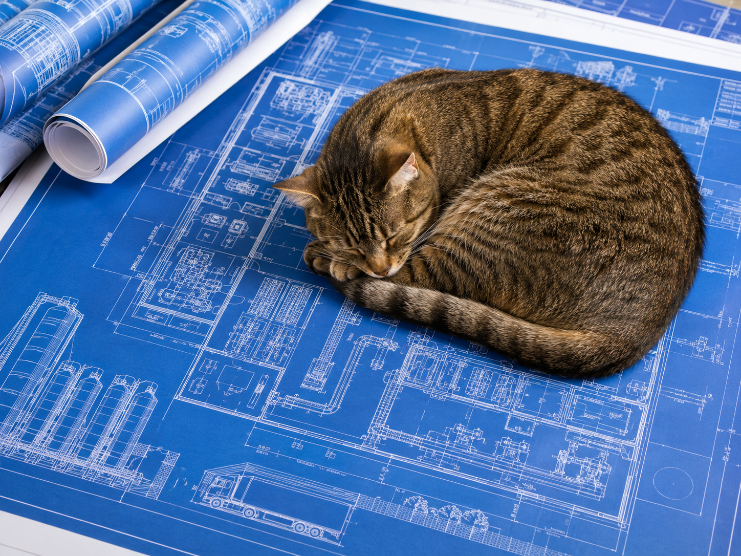 Photo Of Blue Prints For A Pet Food Facility There Is A Cat Curled Up Sleeping On The Blue Prints