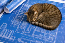 Photo Of Blue Prints For A Pet Food Facility There Is A Cat Curled Up Sleeping On The Blue Prints