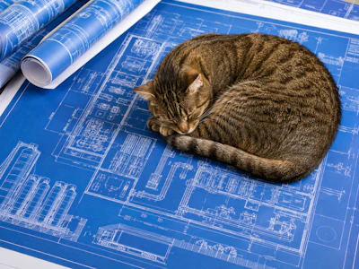Photo Of Blue Prints For A Pet Food Facility There Is A Cat Curled Up Sleeping On The Blue Prints