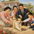Traditional North Korean Painting Of A Puppy With A Happy, Wealthy North Korean Family