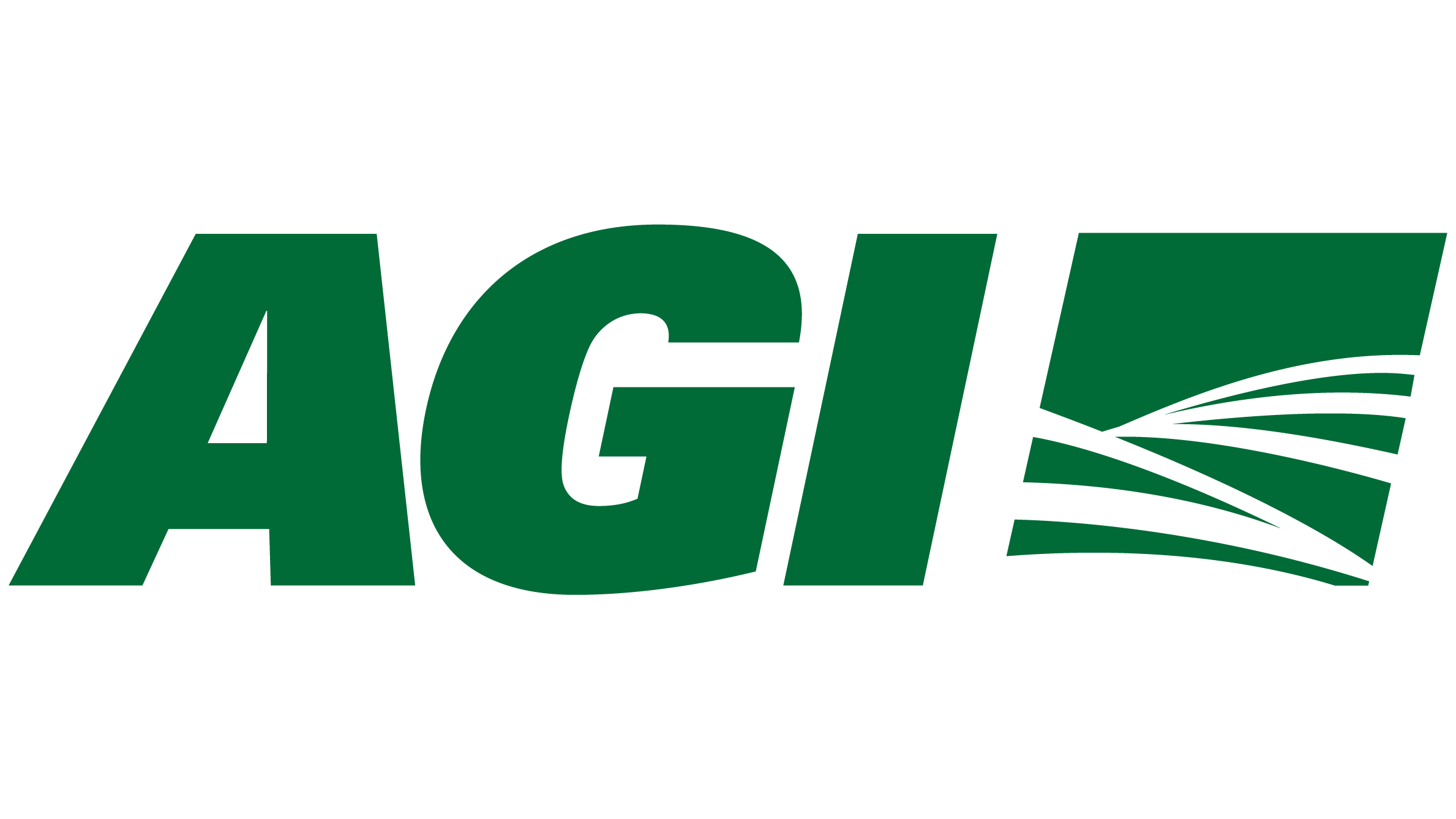 AGI company logo in forest green with stylized leaf or feather symbol