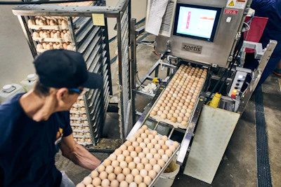 Hatchery worker loads egg flats onto Embrex Inovoject conveyor for in ovo vaccination.