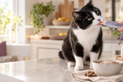 Black and white cat eating from a bowl in a bright kitchen while a person offers food