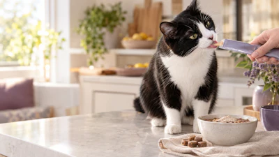 Black and white cat eating from a bowl in a bright kitchen while a person offers food