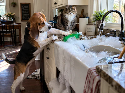 Beagle dog and tabby cat playing together in a kitchen sink filled with soapy water and bubbles