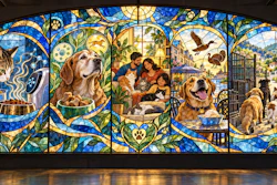Ornate stained glass mural depicting dogs and family scenes with blue, gold, and green decorative borders in Art Nouveau style